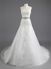 Unique White Column/Sheath Strapless Sleeveless Tulle With Train Court Train Lace Up Beading and Lace and Appliques Wedding Dress