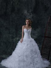 Dramatic Strapless Sleeveless Brush Train Lace Up Wedding Gowns White Organza