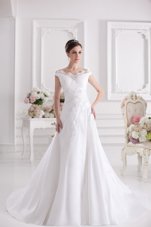 Glorious Off the Shoulder White Wedding Gown Wedding Party and For with Beading and Appliques Scalloped Sleeveless Court Train Zipper