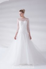 Delicate Tulle Scoop 3|4 Length Sleeve Brush Train Zipper Appliques Wedding Gowns in White