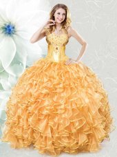 Eye-catching Gold Sweetheart Neckline Beading and Ruffles Quinceanera Dresses Sleeveless Lace Up