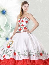 Custom Design White and Red Sweetheart Neckline Embroidery and Ruffled Layers Quinceanera Dress Sleeveless Lace Up