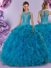 Enchanting Teal Zipper Scoop Beading and Ruffles 15 Quinceanera Dress Organza Sleeveless