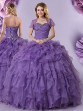 Suitable Sweetheart Sleeveless Quinceanera Gowns Floor Length Beading and Ruffles Purple Organza