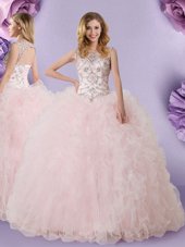 Baby Pink Lace Up Scoop Lace Quinceanera Gown Tulle Sleeveless