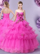 Suitable Hot Pink Lace Up 15th Birthday Dress Appliques and Ruffled Layers and Hand Made Flower Sleeveless Floor Length