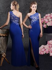 Trendy Royal Blue Column/Sheath Elastic Woven Satin One Shoulder Sleeveless Lace and Appliques Floor Length Side Zipper Hoco Dress