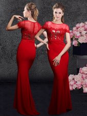 Scoop With Train Red Prom Homecoming Dress Elastic Woven Satin Brush Train Short Sleeves Appliques and Sequins