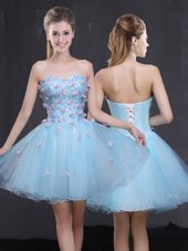 Light Blue A-line Sweetheart Sleeveless Organza Mini Length Lace Up Appliques Prom Dresses