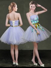 Beauteous Lavender Strapless Lace Up Appliques and Belt Dress for Prom Sleeveless