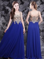 Scoop Sleeveless Chiffon Floor Length Side Zipper Prom Dress in Royal Blue for with Appliques