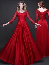 Long Sleeves Lace Up Prom Dress Wine Red Elastic Woven Satin