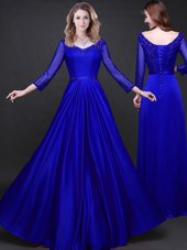 Appliques and Belt Evening Dress Royal Blue Lace Up Long Sleeves Floor Length