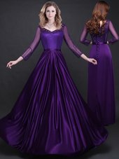 Long Sleeves Elastic Woven Satin Floor Length Lace Up Dress for Prom in Purple for with Appliques and Belt