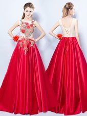 Extravagant Scoop Sleeveless Lace Up Prom Dresses Red Elastic Woven Satin