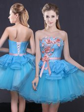 Sleeveless Tulle Mini Length Lace Up Prom Evening Gown in Blue for with Hand Made Flower