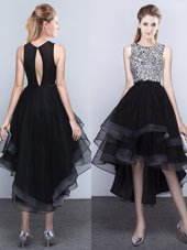 Best Scoop Sleeveless High Low Beading Backless Dress for Prom with Black