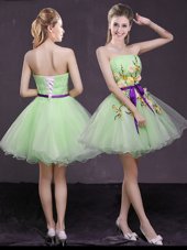 Lace Up Strapless Appliques and Belt Prom Dresses Organza Sleeveless