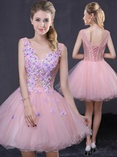 Pink Organza Lace Up Cocktail Dresses Sleeveless Mini Length Hand Made Flower