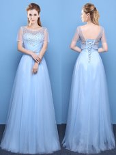 Pretty Light Blue Scoop Lace Up Beading Homecoming Dress Short Sleeves