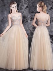 Artistic Beading Evening Dress Champagne Zipper Sleeveless Floor Length