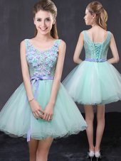 Scoop Mini Length Lace Up Party Dress for Girls Apple Green and In for Prom and Party with Lace and Hand Made Flower