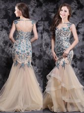 Mermaid Champagne Sleeveless Brush Train Appliques and Ruffles With Train Prom Dress