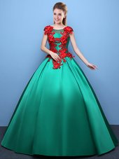 Scoop Appliques Quinceanera Dresses Green Lace Up Cap Sleeves Floor Length