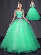 Admirable Turquoise Sleeveless Tulle Lace Up 15 Quinceanera Dress for Military Ball and Sweet 16 and Quinceanera