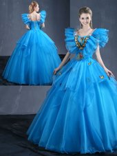 High Class Sleeveless Appliques and Ruffles Lace Up Vestidos de Quinceanera