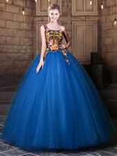 Suitable Blue One Shoulder Lace Up Pattern Sweet 16 Quinceanera Dress Sleeveless