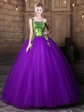 Best Selling One Shoulder Eggplant Purple Sleeveless Floor Length Pattern Lace Up Vestidos de Quinceanera