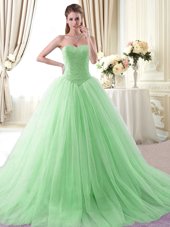 Cheap Apple Green Ball Gowns Tulle Sweetheart Sleeveless Beading With Train Lace Up 15 Quinceanera Dress Brush Train