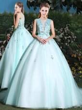 Delicate Scoop Light Blue Sleeveless Tulle Brush Train Lace Up Quinceanera Dress for Military Ball and Sweet 16 and Quinceanera