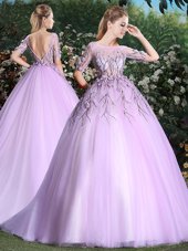 Custom Designed Scoop Short Sleeves Brush Train Backless Quince Ball Gowns Lilac Tulle