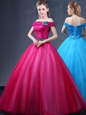 Classical Tulle Off The Shoulder Sleeveless Lace Up Beading and Appliques Vestidos de Quinceanera in Fuchsia