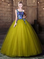 Exceptional Olive Green Tulle Lace Up One Shoulder Sleeveless Floor Length Ball Gown Prom Dress Pattern