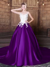 Scoop Lace and Appliques Sweet 16 Dresses Purple Lace Up Sleeveless Court Train