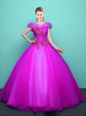 Fine Floor Length Fuchsia Quinceanera Gown Scoop Short Sleeves Lace Up