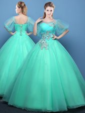 Extravagant Scoop Turquoise Half Sleeves Appliques Floor Length Vestidos de Quinceanera