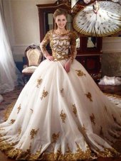 Edgy White Scoop Zipper Appliques Vestidos de Quinceanera Chapel Train Long Sleeves