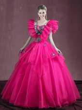 Floor Length Ball Gowns Sleeveless Hot Pink 15th Birthday Dress Lace Up