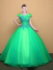 Customized Turquoise Ball Gowns Scoop Short Sleeves Tulle Floor Length Lace Up Appliques Quince Ball Gowns