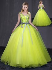 Artistic Yellow Green V-neck Neckline Appliques and Belt Vestidos de Quinceanera Sleeveless Lace Up