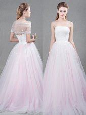 Enchanting Pink Sleeveless Brush Train Appliques With Train Bridal Gown