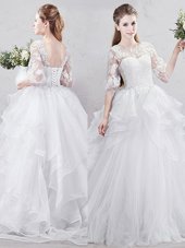 New Style Tulle Scoop Half Sleeves Brush Train Lace Up Lace and Ruffles Wedding Gowns in White