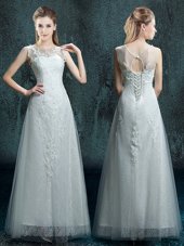 White Lace Up Scoop Appliques Wedding Dress Tulle and Lace Sleeveless