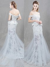 Customized Mermaid White Lace Up Off The Shoulder Lace and Appliques Wedding Dress Tulle Sleeveless Brush Train