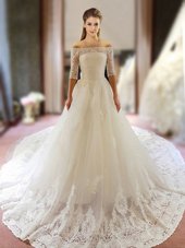 White Zipper Off The Shoulder Lace and Appliques Wedding Dresses Tulle Half Sleeves Chapel Train