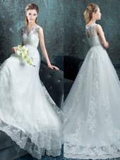 V-neck Sleeveless Brush Train Lace Up Wedding Dresses White Tulle